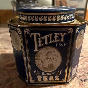 Vintage Metal 4” Tetley Brand Tea Bag Canister Anniversary Ed. Blue and Gold
